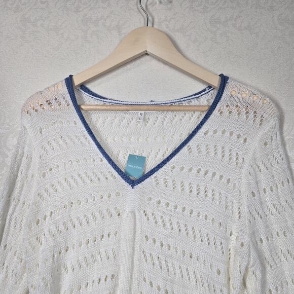 Maurices Open Work Knit Sweater sz L Ivory Blue Ruched Cinch Tie V Neck NEW - Picture 2 of 14
